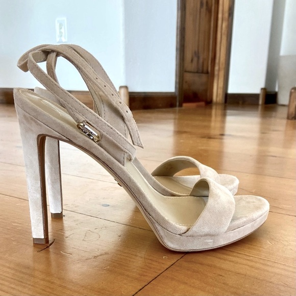 Sam Edelman Cream Suede Stiletto Heels with Ankle Strap - Picture 7 of 14
